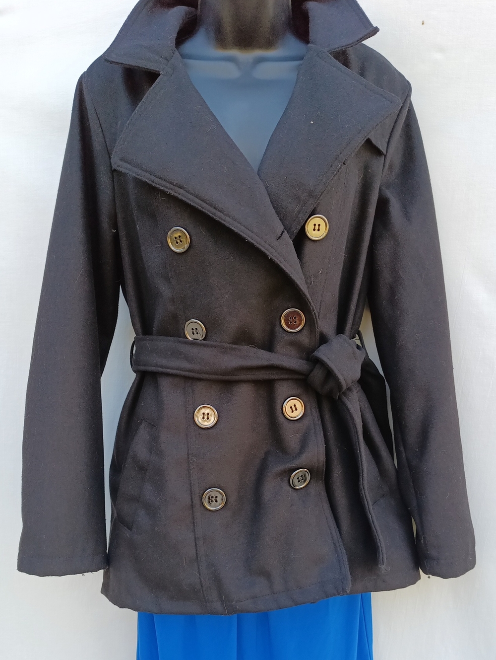 New Look Black Double-Breasted Pea Coat with Waist Tie
